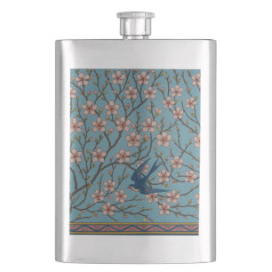 Retro Blue Floral Swallow Pattern by Walter Crane Hip Flask