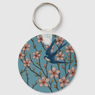 Retro Blue Floral Swallow Pattern by Walter Crane Keychain