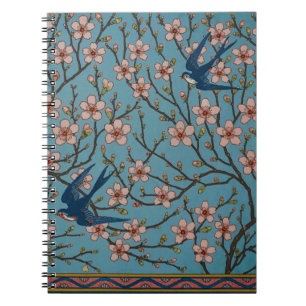Retro Blue Floral Swallow Pattern by Walter Crane Notebook