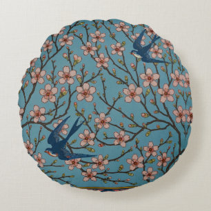 Retro Blue Floral Swallow Pattern by Walter Crane Round Pillow