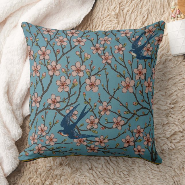 Retro Blue Floral Swallow Pattern by Walter Crane Throw Pillow (Blanket)