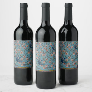 Retro Blue Floral Swallow Pattern by Walter Crane Wine Label