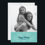 Retro Blue Florish Holiday Photo Card<br><div class="desc">This retro-chic card emotes the timeless joy of the season and is designed exclusively for Zazzle. Perfect for a vintage yet modern holiday greeting. Tiny dots with a Caspian blue border and vintage flourish in white help highlight your favourite photo(s). Add an Envelopments Holiday Stamp from our extensive postage collection...</div>