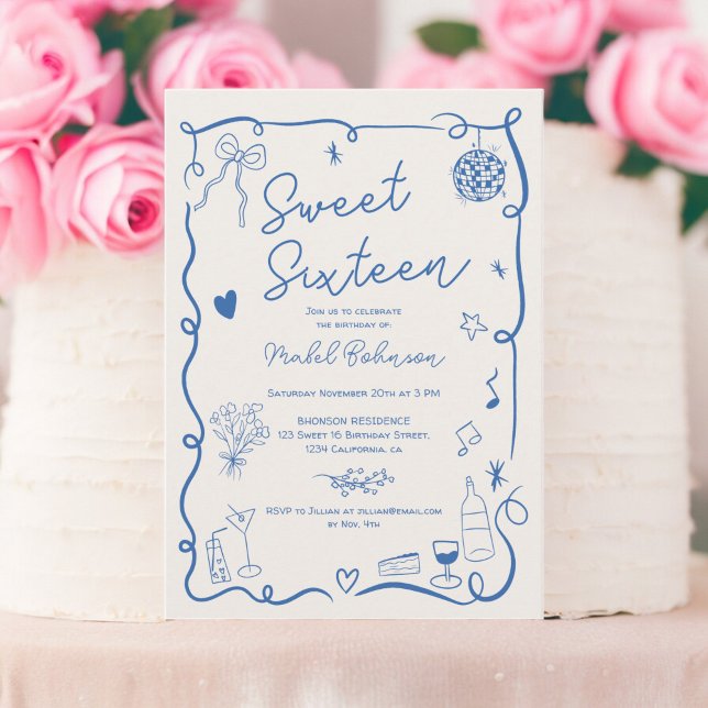 Retro blue French hand drawn illustrated Sweet 16 Invitation (Retro blue French hand drawn illustrated Sweet 16 Invitation)