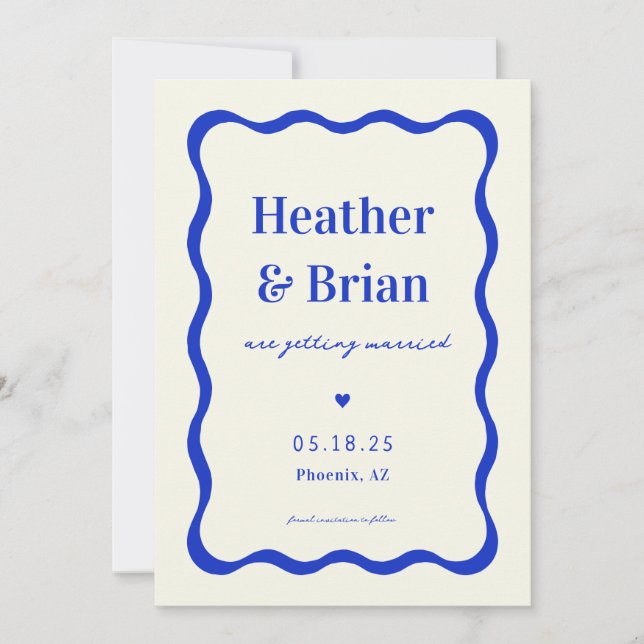 Retro Blue French Squiggle Unique Wedding Save The Date (Front)