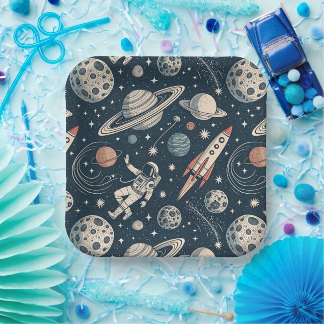 Retro Blue Galaxy Exploration Paper Plate (Party)