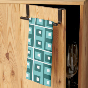 Retro Blue Geometric Squares Pattern Kitchen Towel