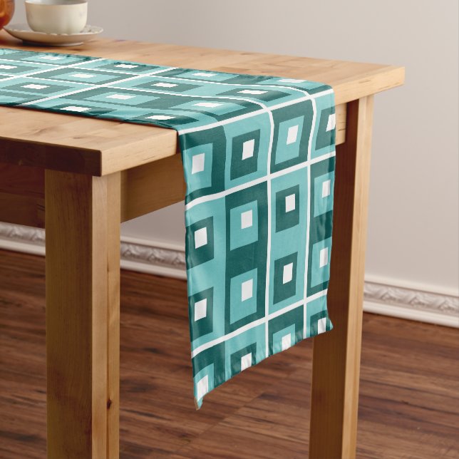 Retro Blue Geometric Squares Pattern Medium Table Runner (In Situ)