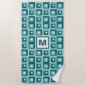 Retro Blue Geometric Squares Pattern Monogram Beach Towel