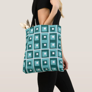 Retro Blue Geometric Squares Pattern Tote Bag
