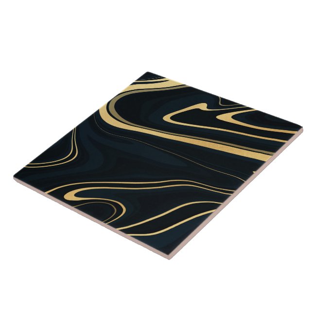 Retro Blue Gold Swirl Liquid Painting Design Tile (Side)