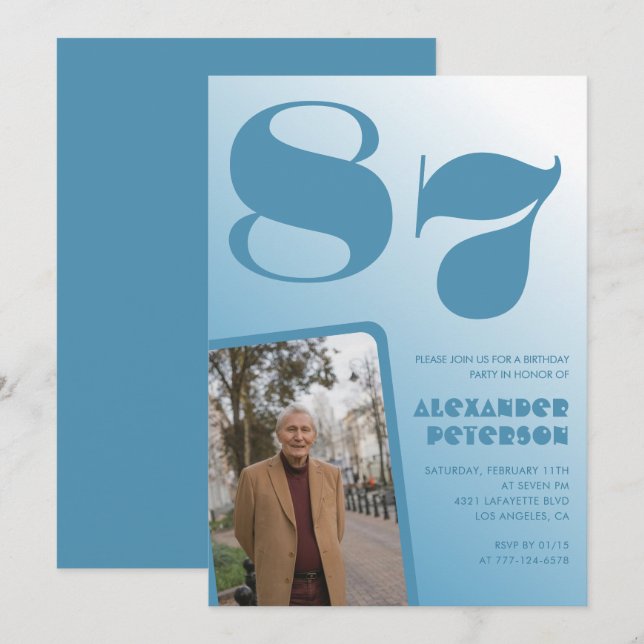 Retro Blue Gradient Photo 87th birthday Invitation (Front/Back)