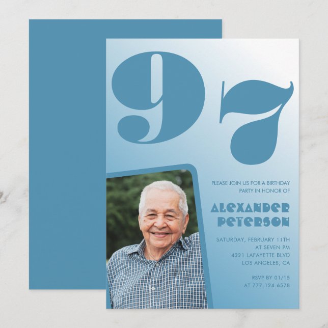 Retro Blue Gradient Photo 97th birthday Invitation (Front/Back)