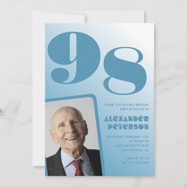 Retro Blue Gradient Photo Men 98th birthday Invitation (Front)
