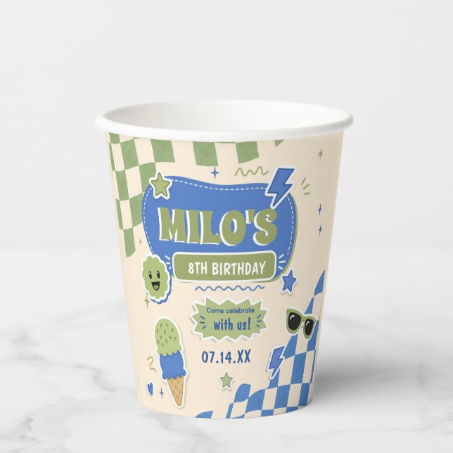 Retro Blue Green Boy Birthday Paper Cups (Front)