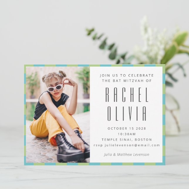 Retro Blue Green Chequerboard Bat Mitzvah Photo  Invitation (Standing Front)