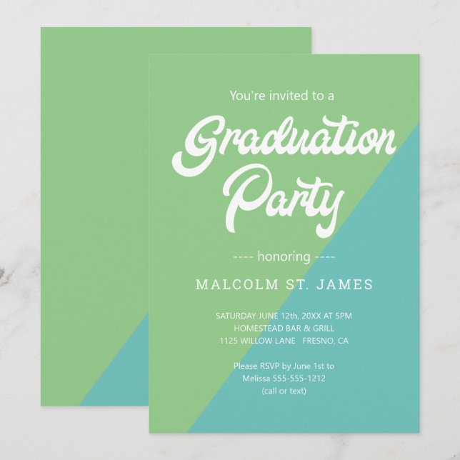 Retro Blue Green Colour Block Graduation Party Invitation (Front/Back)