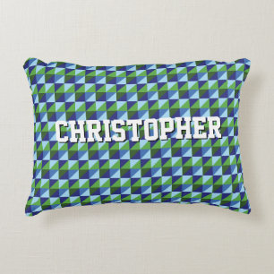Retro Blue & Green Geometric Triangle Abstract Accent Pillow