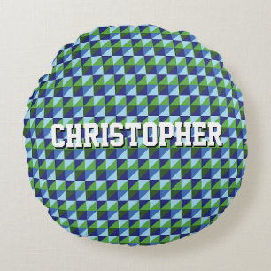 Retro Blue & Green Geometric Triangle Abstract Round Pillow