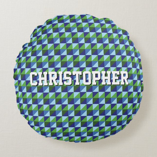 Retro Blue & Green Geometric Triangle Abstract Round Pillow (Front)