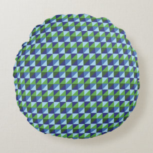 Retro Blue & Green Geometric Triangle Abstract Round Pillow