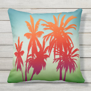 Retro Blue Green Orange Sunset Palm Trees Outdoor Pillow