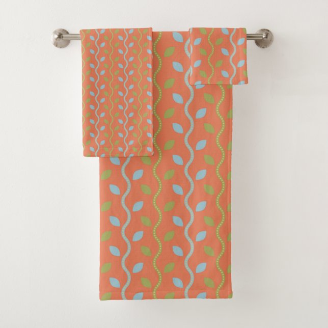 Retro Blue & Green Vines on Orange Floral Pattern Bath Towel Set (Insitu)