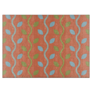 Retro Blue & Green Vines on Orange Floral Pattern Cutting Board