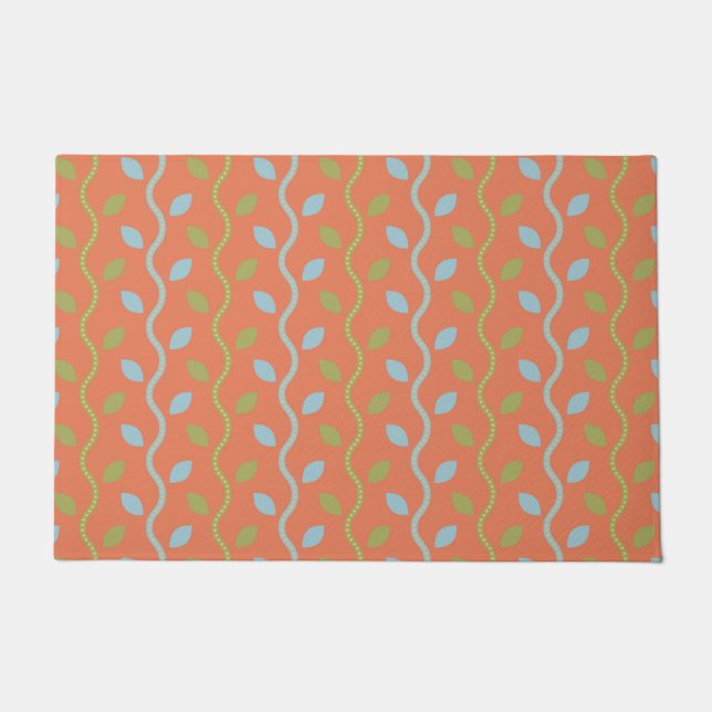 Retro Blue & Green Vines on Orange Floral Pattern Doormat (Front)