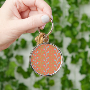 Retro Blue & Green Vines on Orange Floral Pattern Keychain