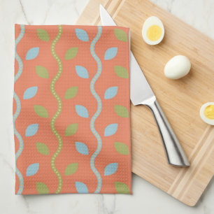 Retro Blue & Green Vines on Orange Floral Pattern Kitchen Towel