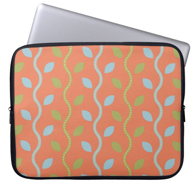 Retro Blue & Green Vines on Orange Floral Pattern Laptop Sleeve (Front)