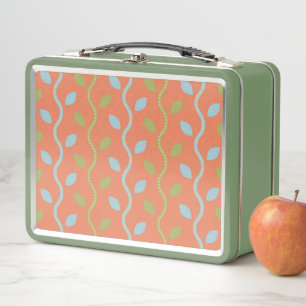 Retro Blue & Green Vines on Orange Floral Pattern Metal Lunch Box
