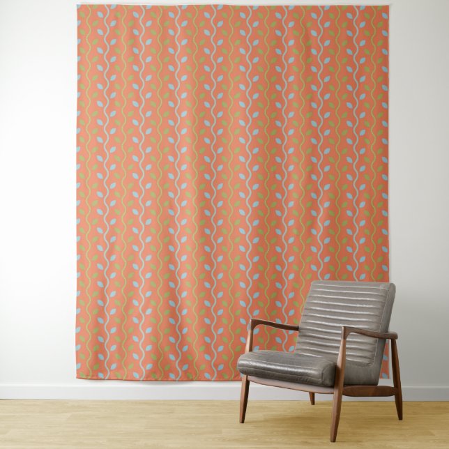 Retro Blue & Green Vines on Orange Floral Pattern Tapestry (In Situ)