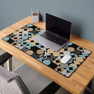Retro Blue Grey Beige Brown Black Pop Art Pattern Desk Mat