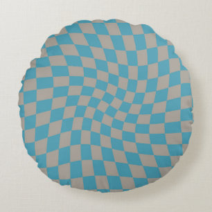 Retro Blue Grey Checks Warped Chequered   Round Pillow