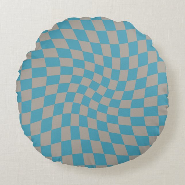 Retro Blue Grey Checks Warped Chequered   Round Pillow (Front)