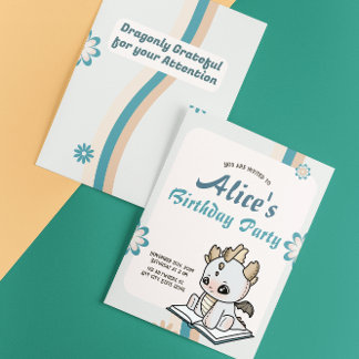 Retro Blue Grey Pastel Baby Dragon Birthday Invitation