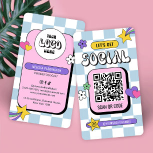 Retro Blue Groovy Logo Social Media QR Code Business Card