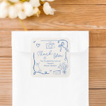 Retro blue hand drawn illustrated bridal shower square sticker<br><div class="desc">Express your gratitude with our Retro french blue Bridal Shower Thank You stickers! This charming design features a delightful array of vintage-inspired elements, including balloons, cameras, hearts, and a beautiful bouquet of flowers in a vase. Framed by a whimsical squiggly wavy ribbon, each detail adds warmth and personality to your...</div>