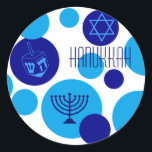 Retro Blue Hanukkah Dots Classic Round Sticker<br><div class="desc">Retro blue bubble Hanukkah dots sticker.</div>