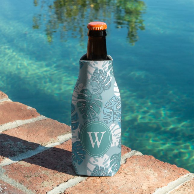 Retro Blue Hawaiian Monstera Leaf Monogram Bottle Cooler (In Situ Pool)