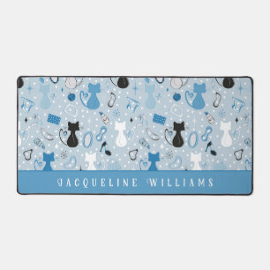 Retro Blue Heart Cats Desk Mat