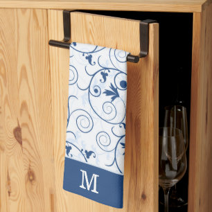 Retro Blue Leaf Swirl Pattern Monogram Kitchen Towel