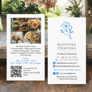 Retro blue minimalist florist photos qr code business card
