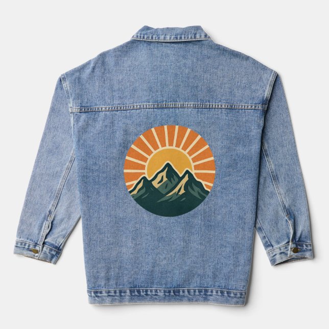 Retro Blue Mountain Sunrise Outdoor Nature Sun Art Denim Jacket (Back)