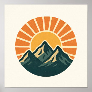 Retro Blue Mountain Sunrise Outdoor Nature Sun Art Poster