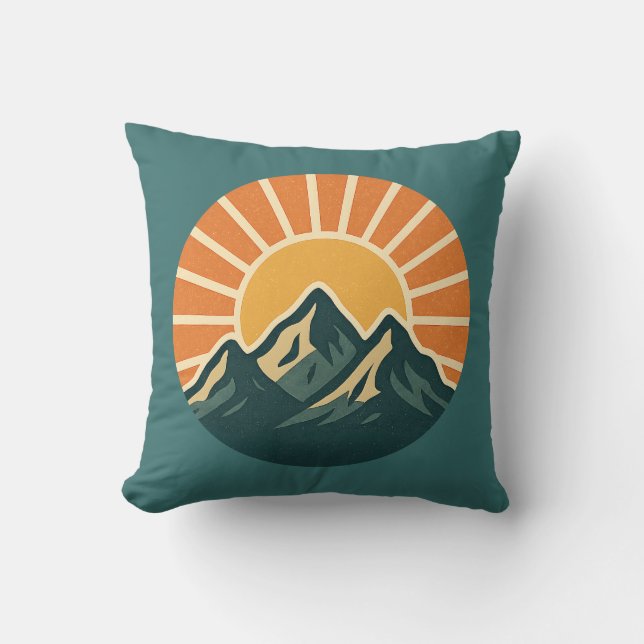 Retro Blue Mountain Sunrise | Outdoor Nature Teal Throw Pillow (Front)