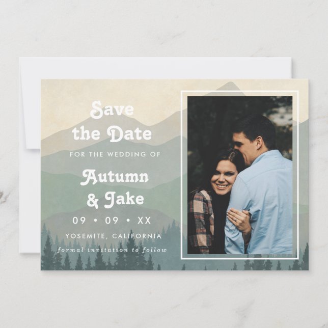 Retro Blue Mountains Photo Wedding Save The Date (Front)