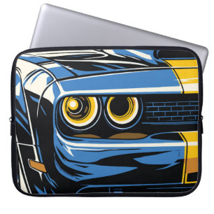Retro Blue Muscle Car Front Pop Art Illustration Laptop Sleeve